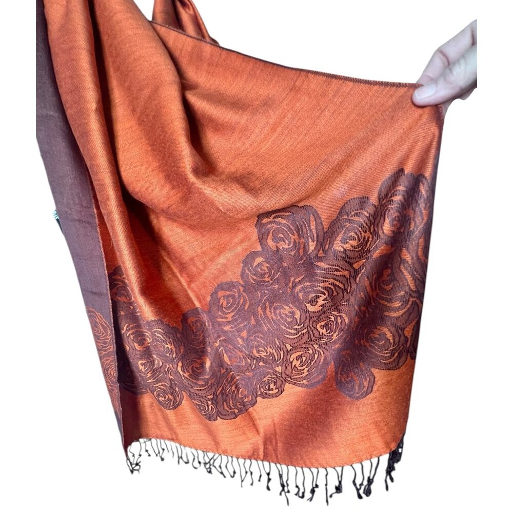 100% Cashmere Rox Scarf With Rose Pattern 27"x71" & 3" Fringe Orange Brown - Picture 5 of 10